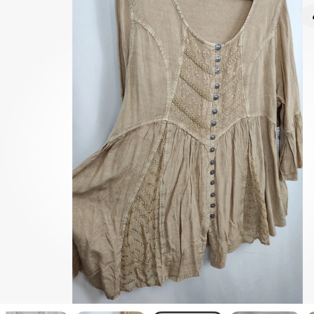 NWOT Roamans Rayon Blouse Women's Plus Size 18W Tan Embroidered Ruffled Sleeve - Picture 3 of 5